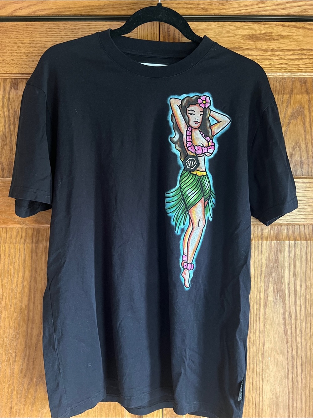 Philipp Plein Black Tee with Colorful Hula Girl Motif